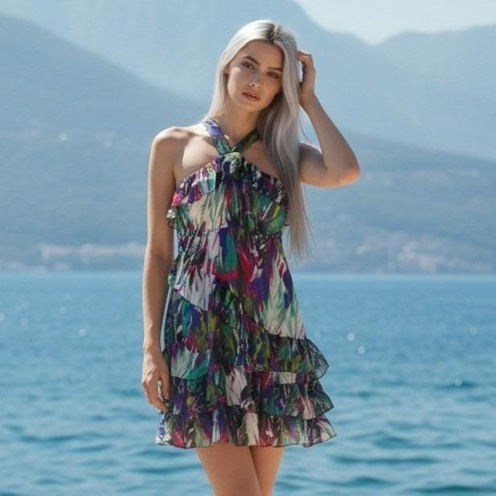 Johnny Martin 2X Print Ruffle Halterβ Mini Dress Women's XXL Made in USA Vintage